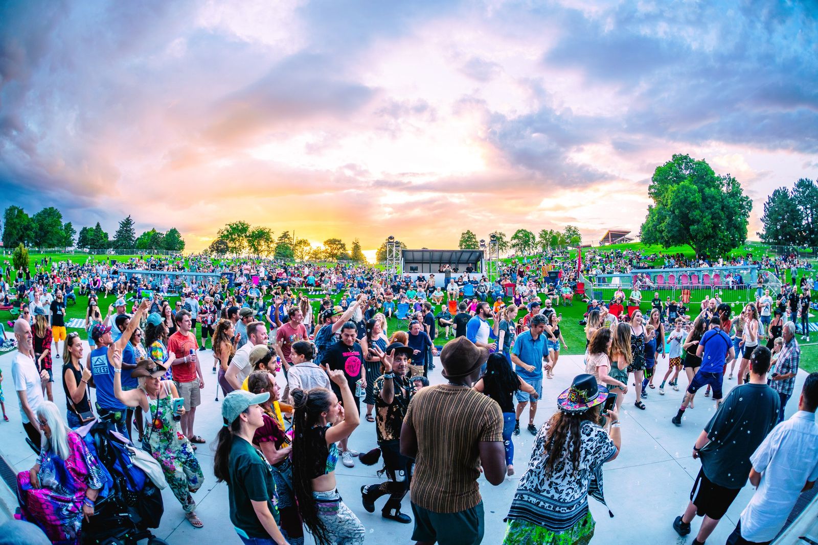 Crowd dancing at a free outdoor Levitt concert