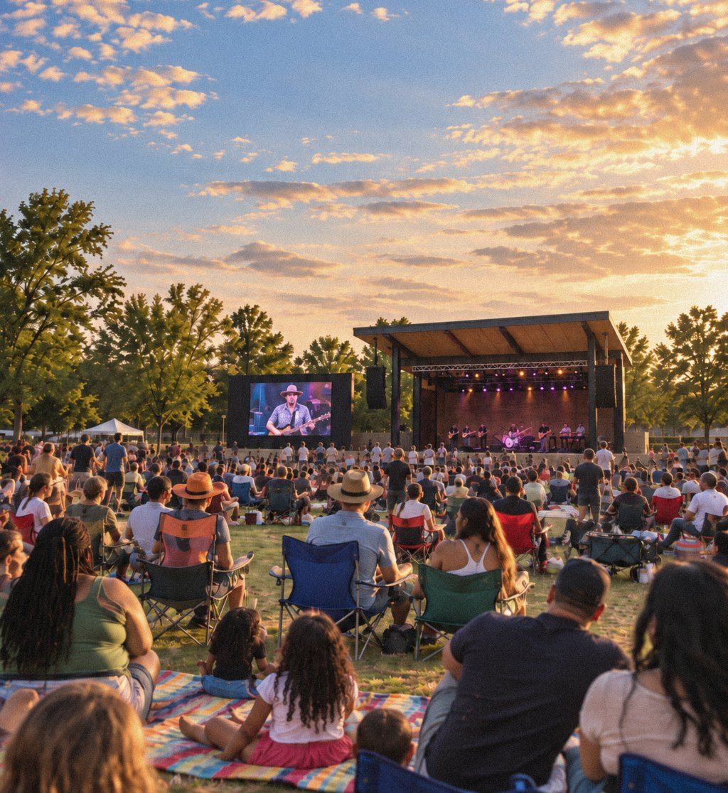 Concept illustration of a covered stage facing an open lawn filled with families at sunset